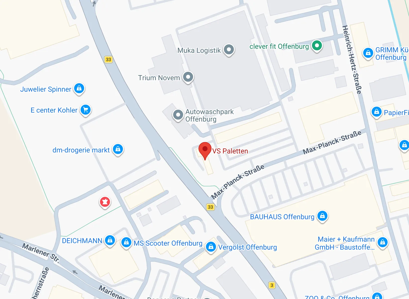 Kartenausschnitt Offenburg mit dem Pin von VS Paletten an der Max-Planck-Straße, daneben Heinrich-Hertz-Straße und B 33